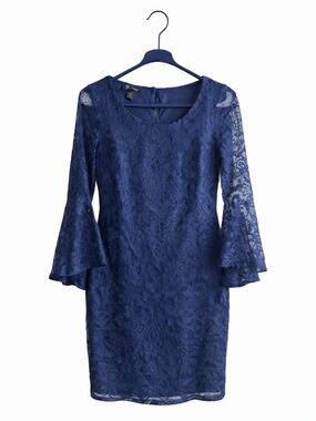 BCX Navy Lace Overlay Fitted Dress Women’s Small Elegant Party Dress